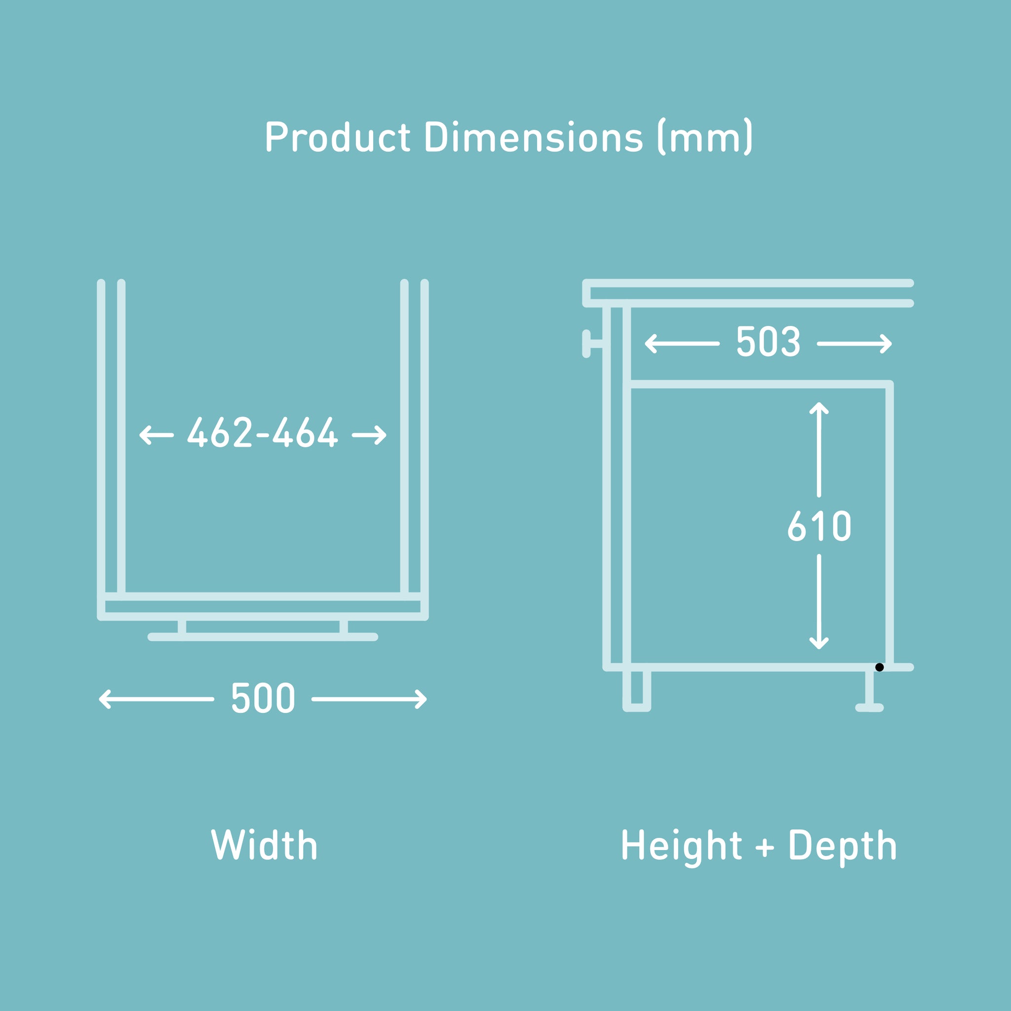 Fitting dimensions diagram for the ECO 3-Compartment 68L Recycler for a 500mm wide cabinet
