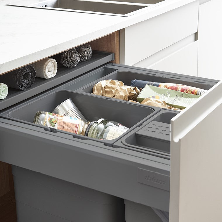 ECO 3-Compartment 82L Integrated in-cupboard recycling bin with 42L, 32L, and 8L compartments, including a Bio-lid for food waste.