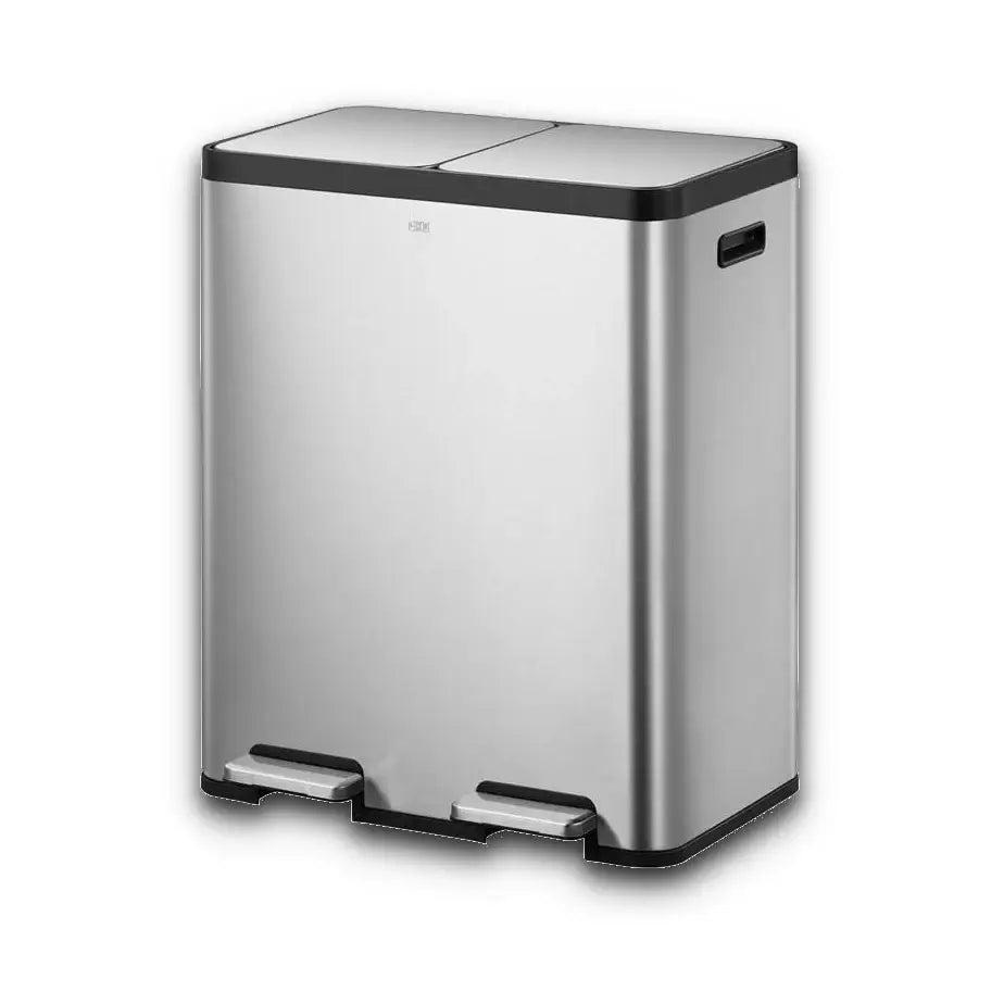 Stainless steel waste bin with black accents on a white background