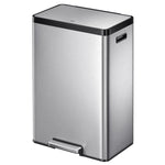 Stainless steel waste bin with black accents on a white background