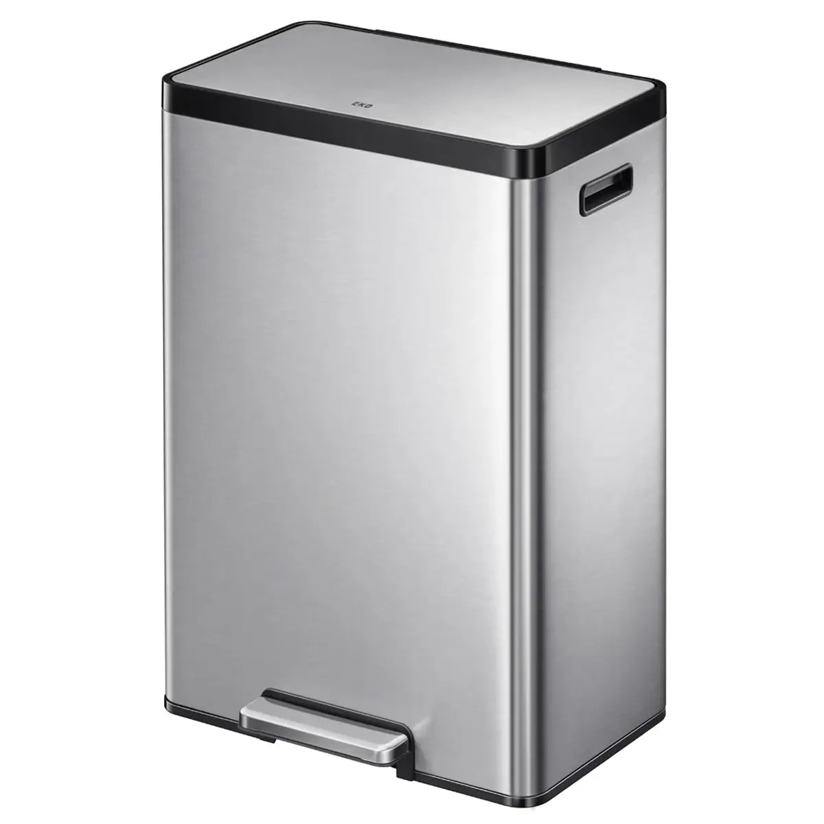 Stainless steel waste bin with black accents on a white background