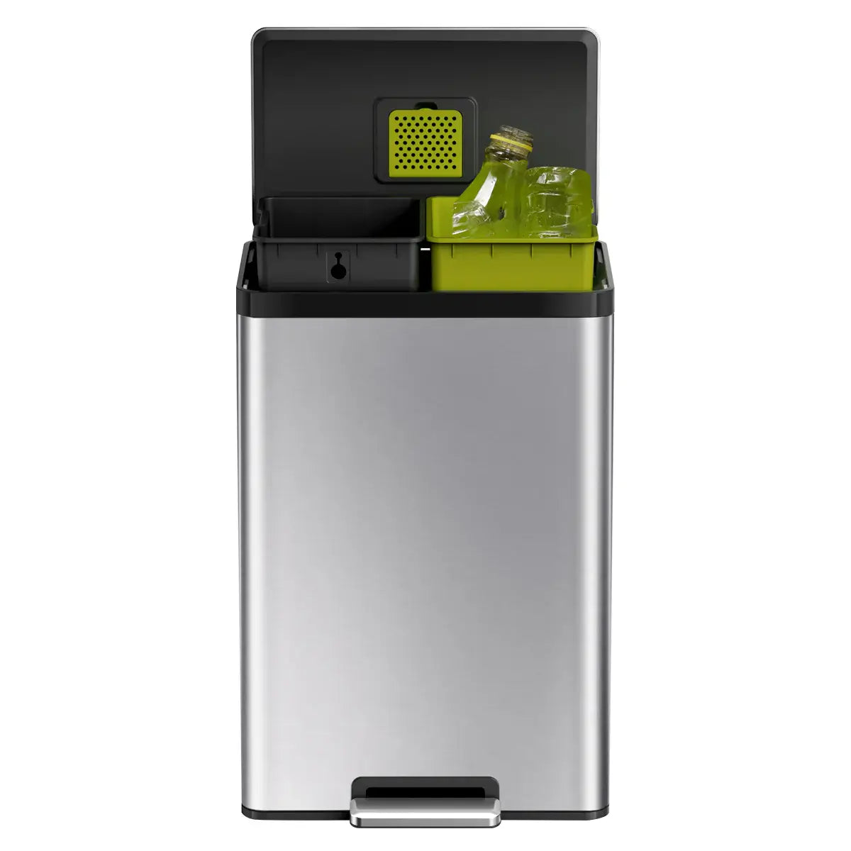 Stainless steel waste bin open with black accents on a white background
