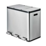 Stainless steel trash bin with three compartments on a white background