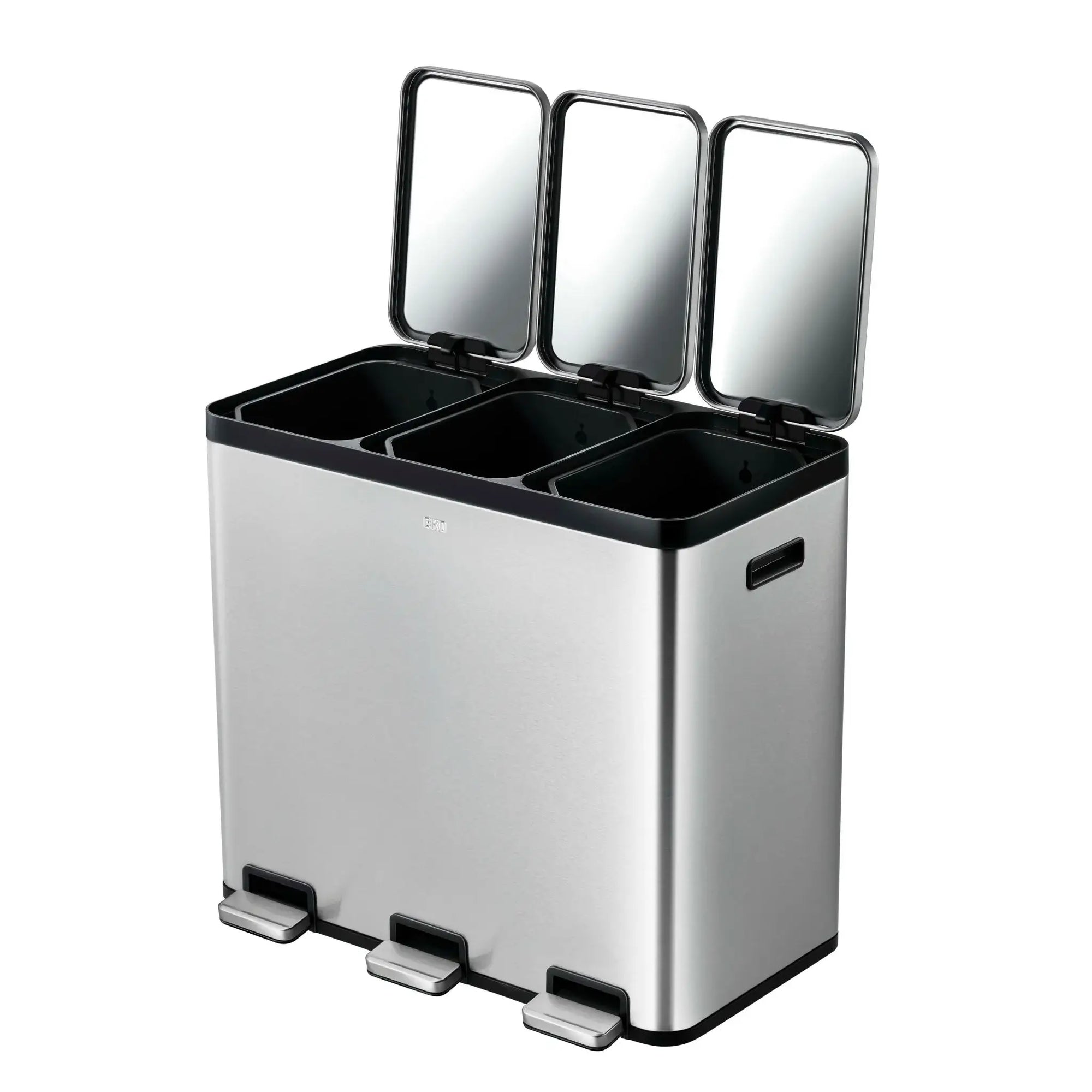 Three-compartment trash bin with open lids on a white background