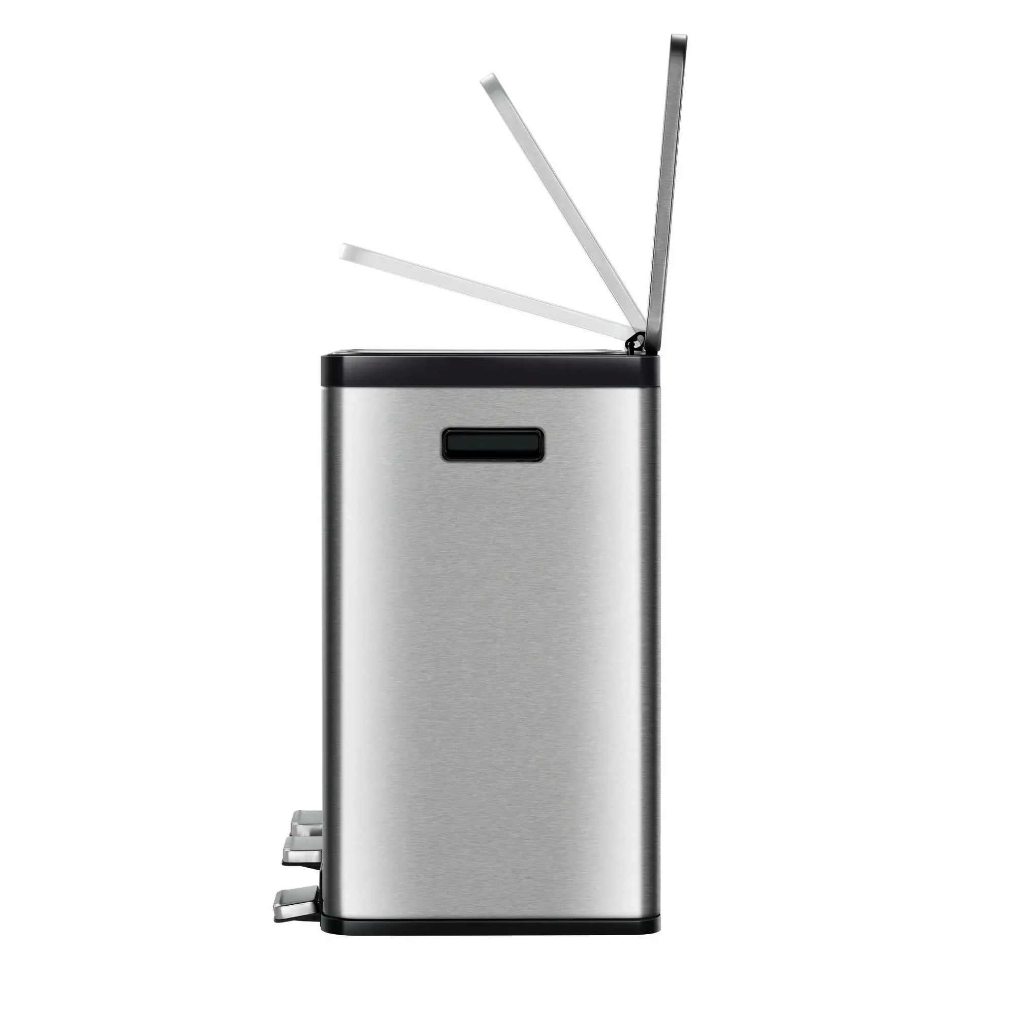 Stainless steel trash can with a step lid on a white background