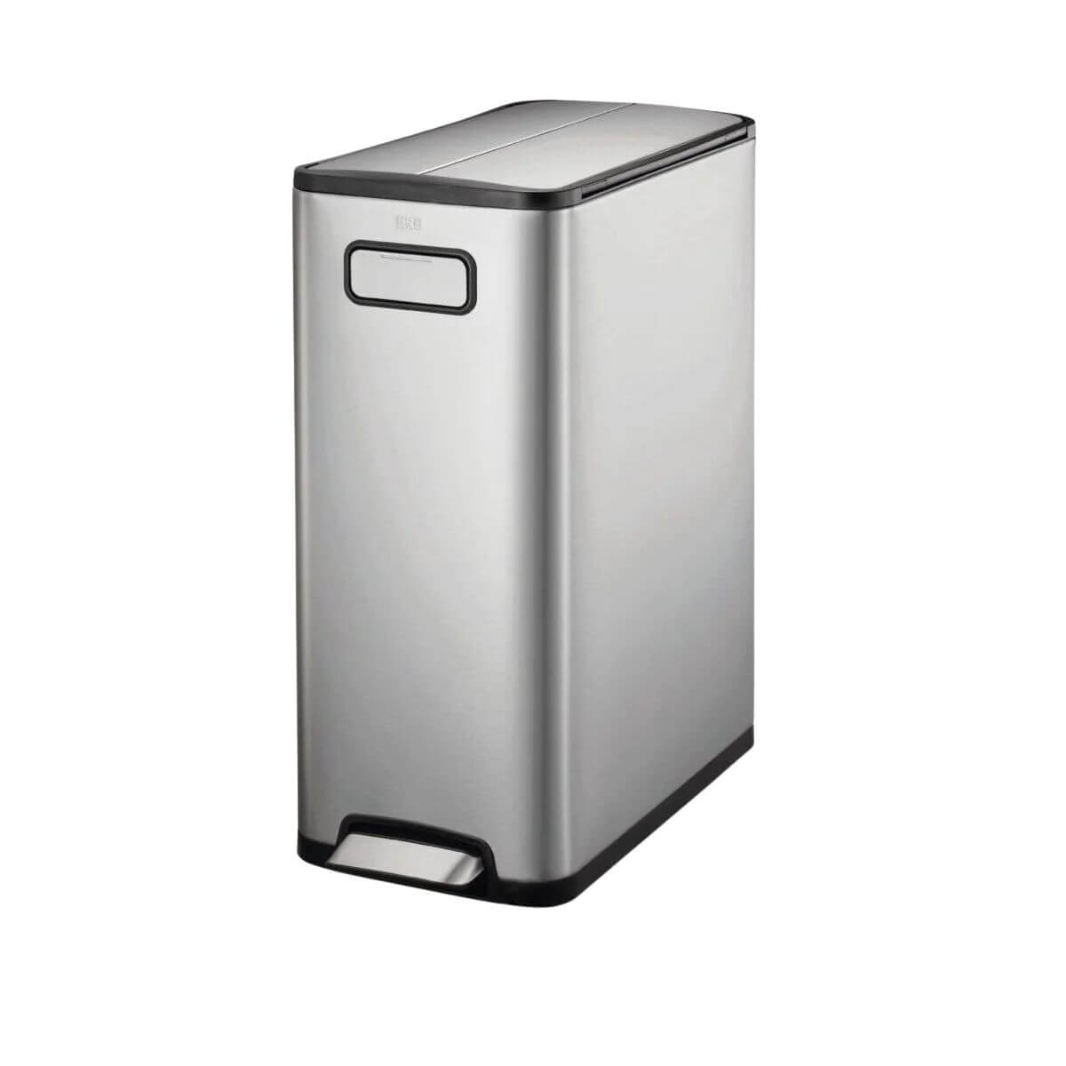 Stainless steel waste bin on a white background