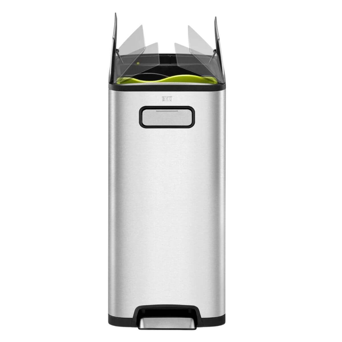Stainless steel waste bin with lid opening on a white background