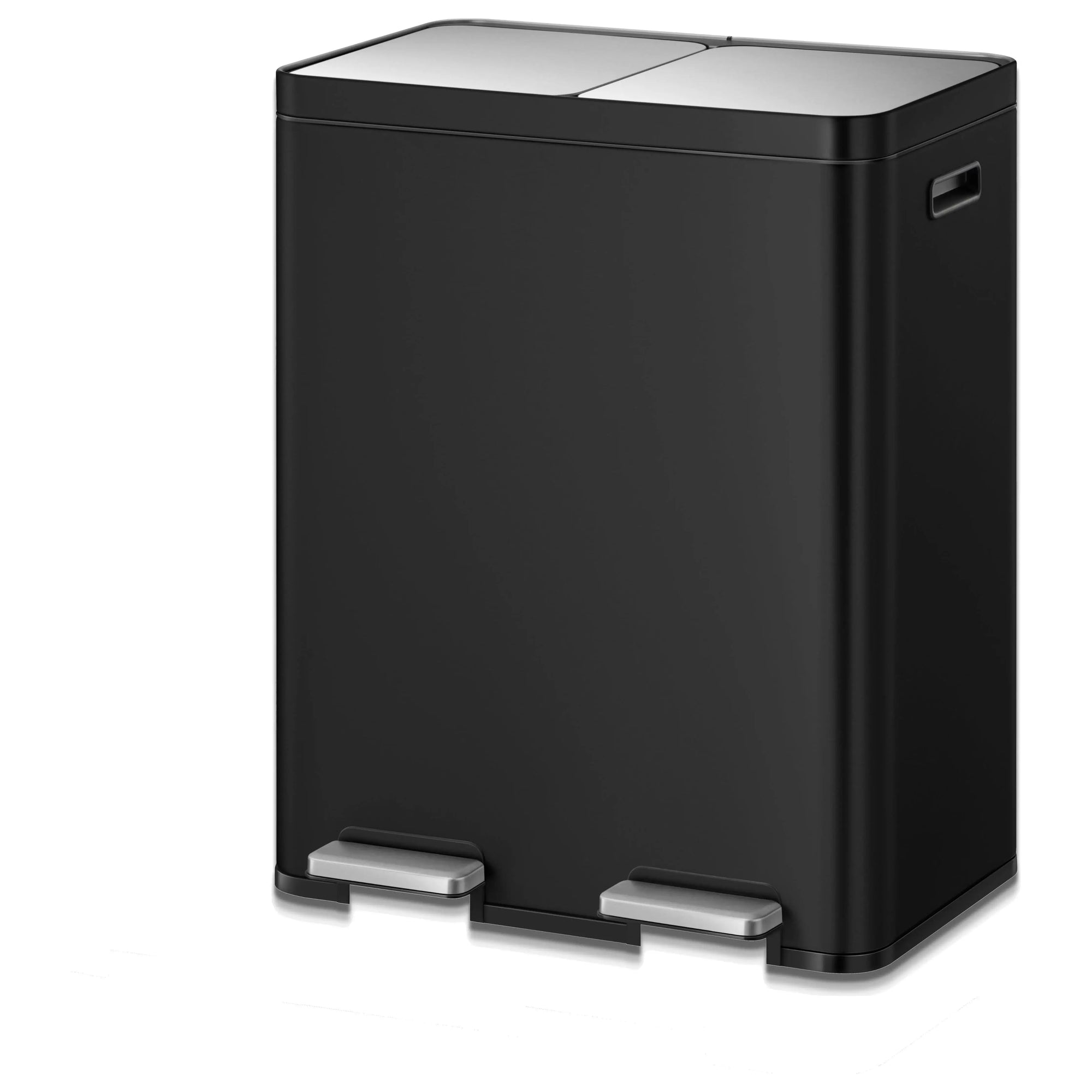 Black waste bin with a stainless steel top on a white background