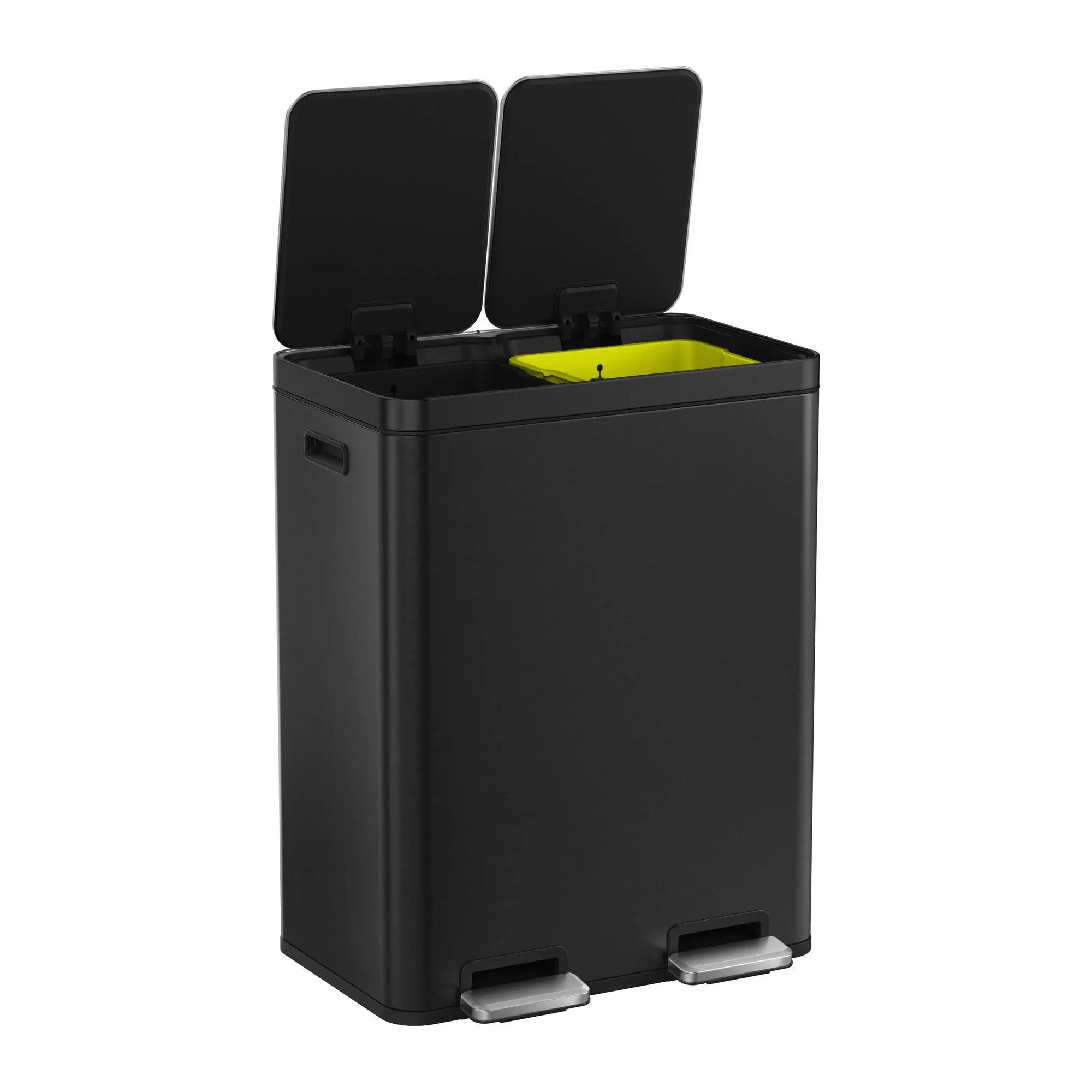 Black waste bin with a 2 colour coded inserts on a white background