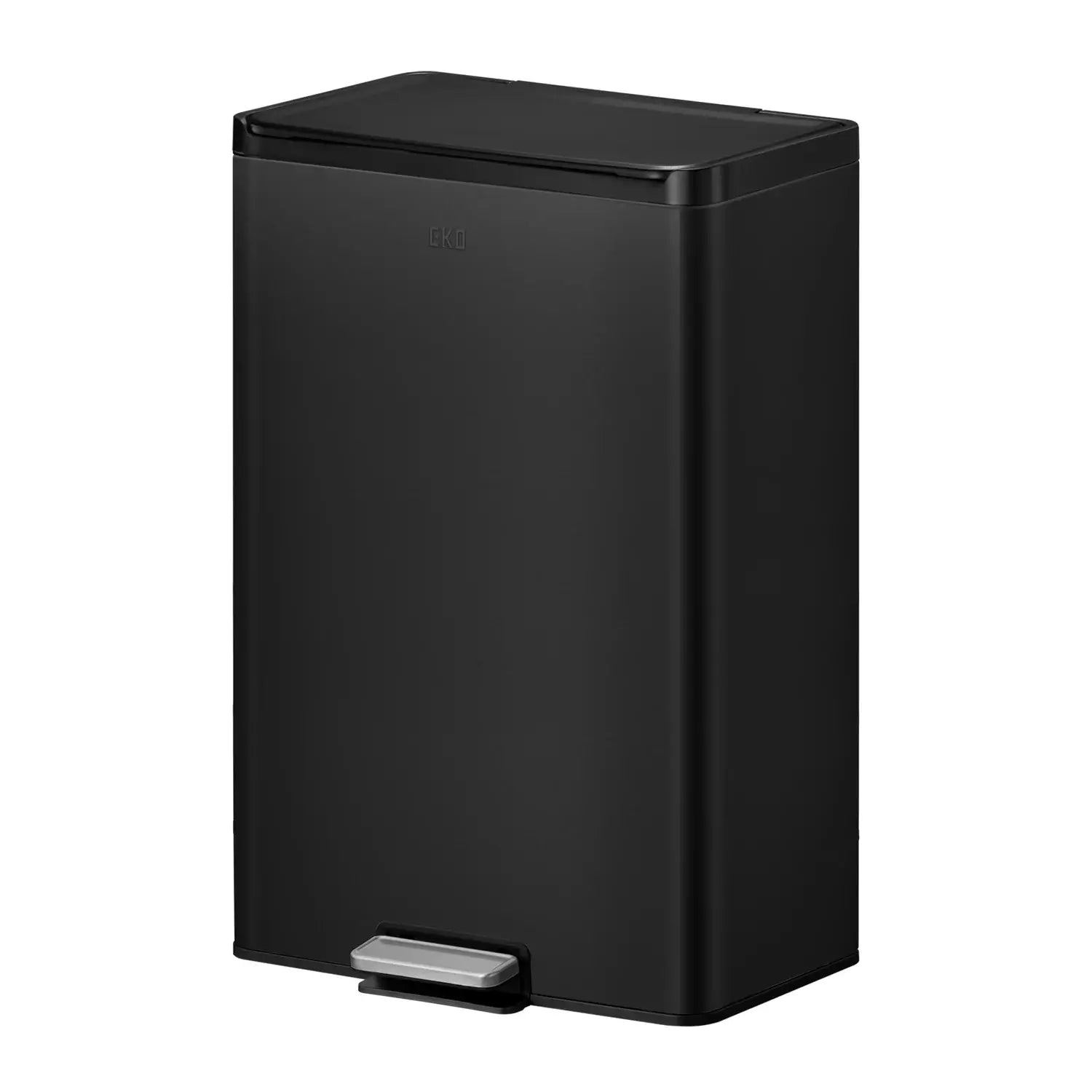 Matt black rectangular waste bin with a step pedal on a white background