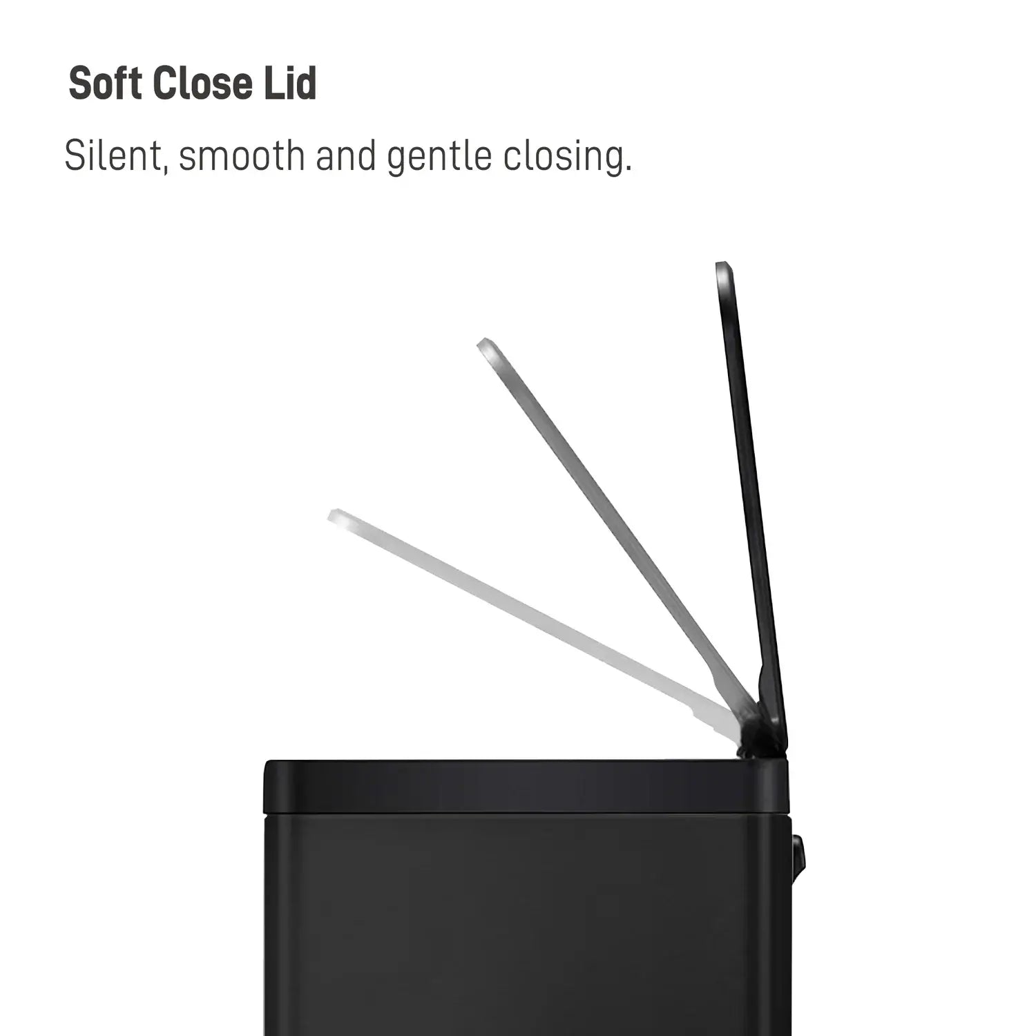 Matt black waste bin with soft close lid mechanism on a white background