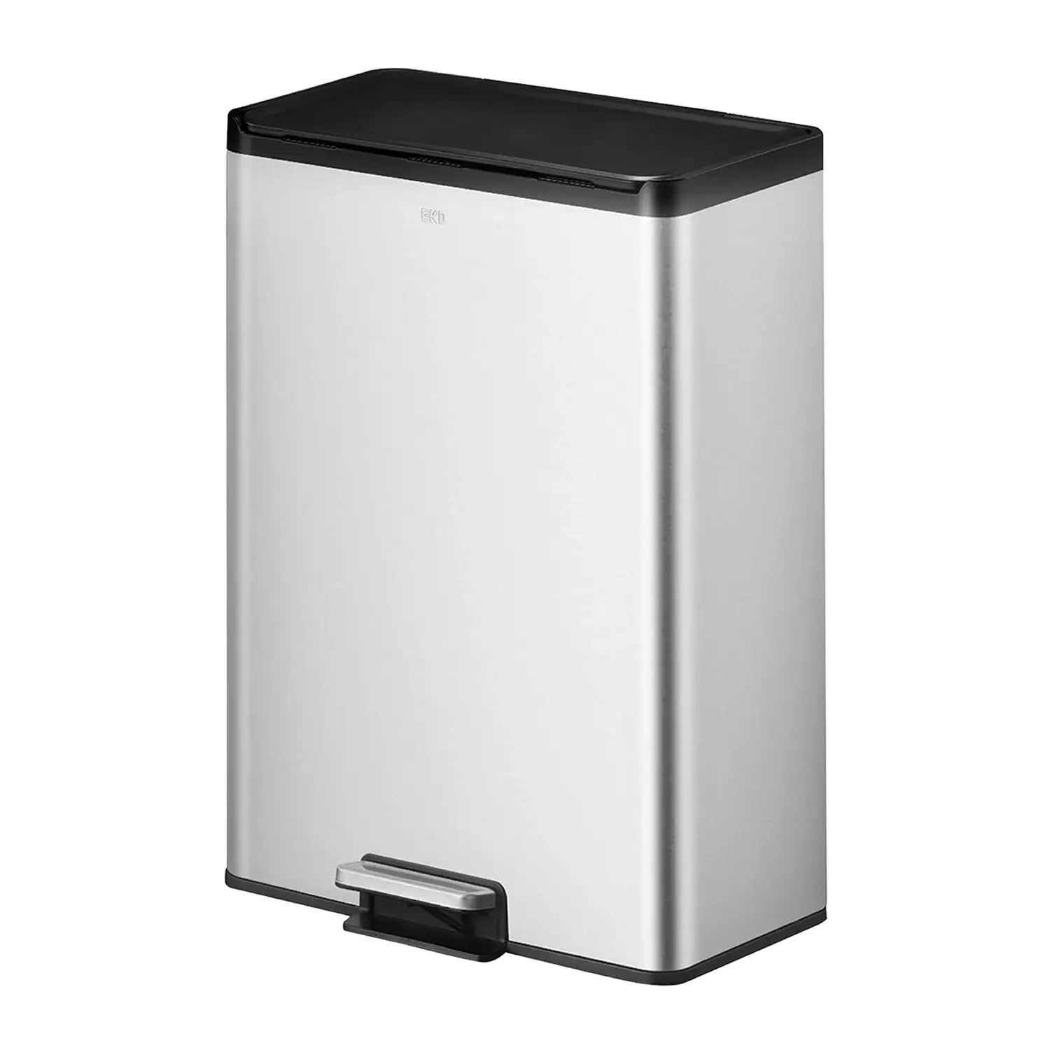 Stainless Steel waste bin with black lid on a white background