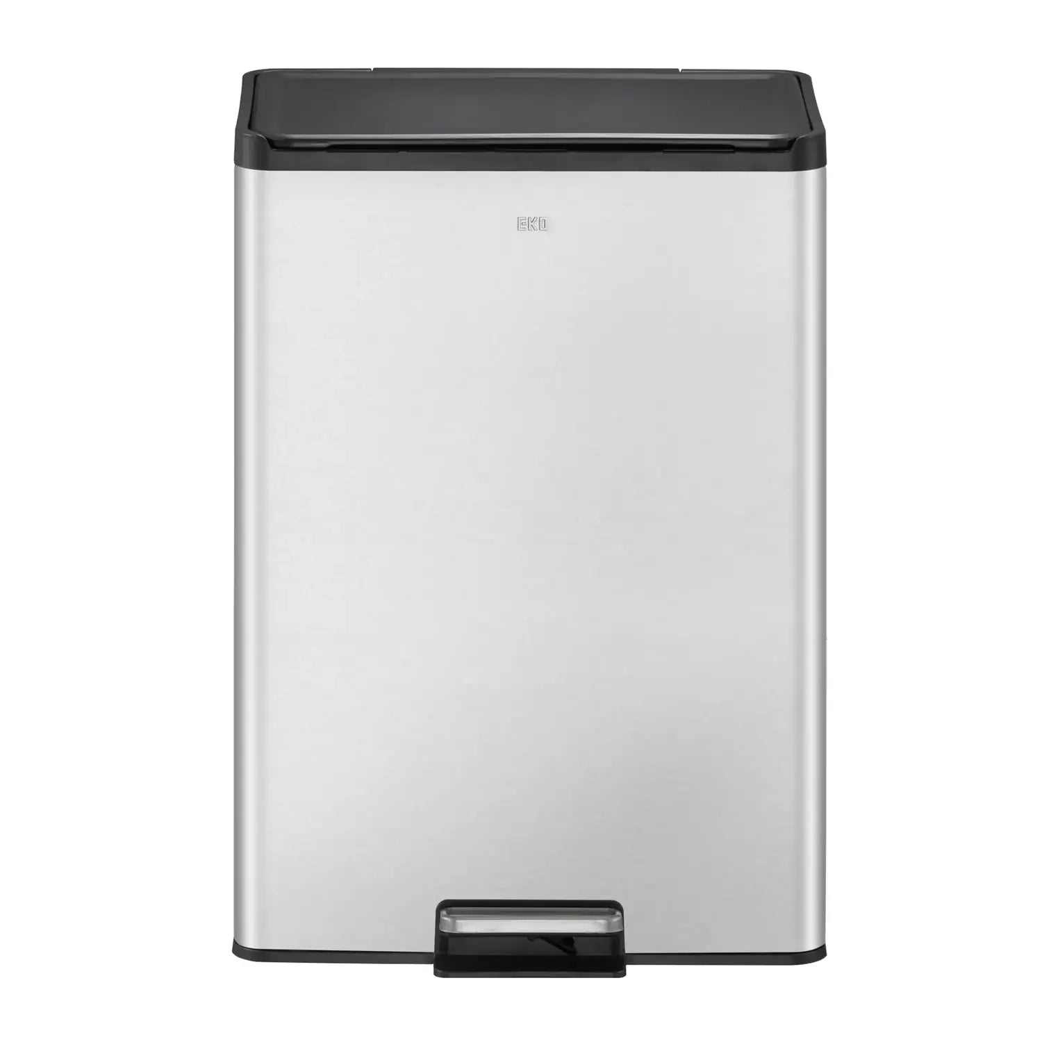 Stainless steel waste bin with black lid on a white background