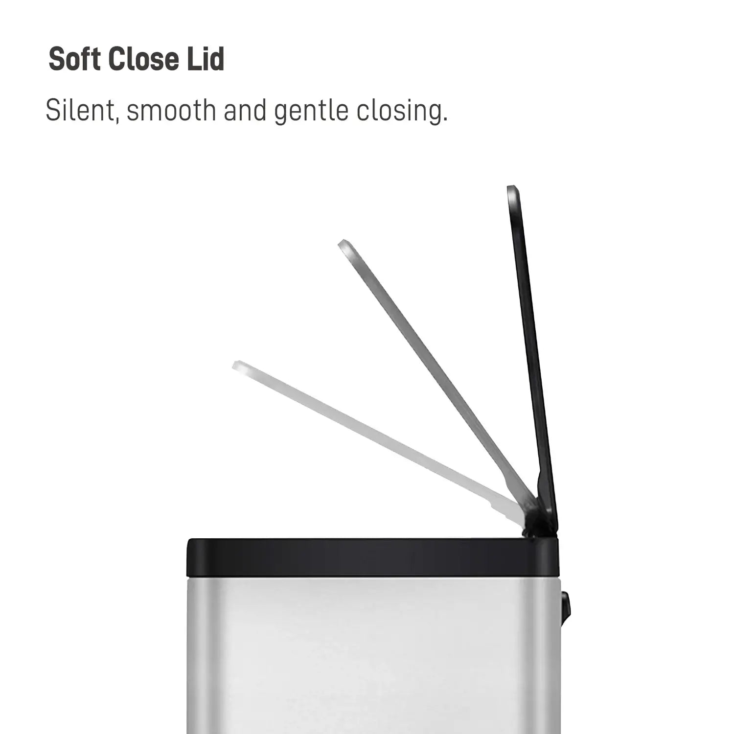 Stainless steel waste bin with soft close lid mechanism on a white background