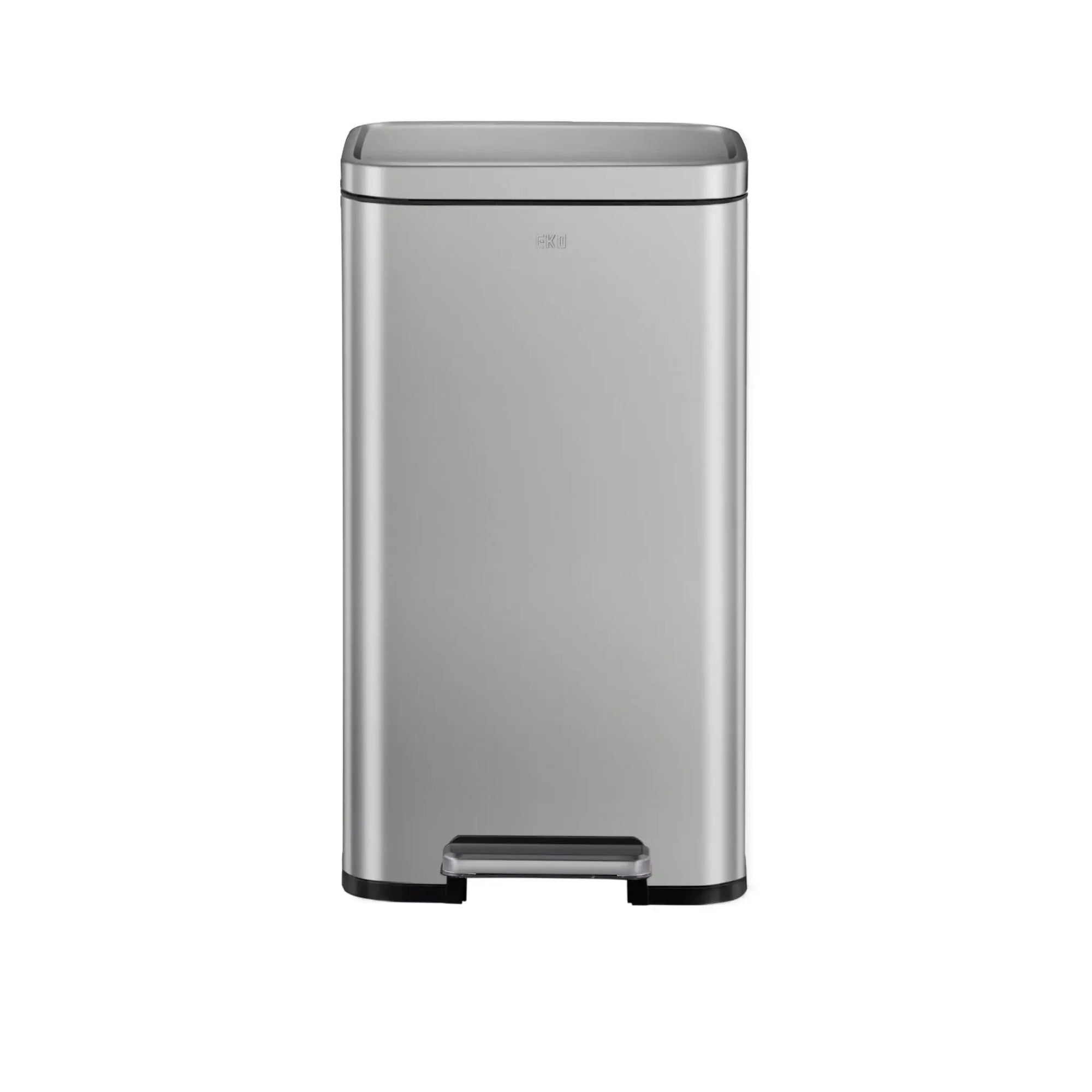 Stainless steel waste bin on a white background