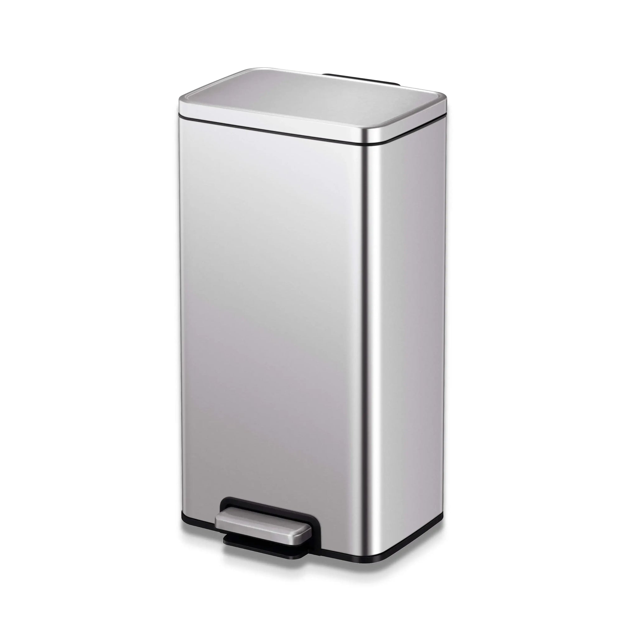 Stainless steel waste bin on a white background
