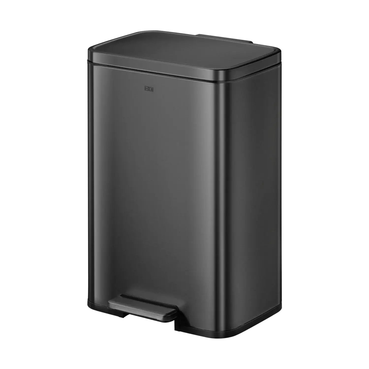 Black waste bin with a step lid on a white background