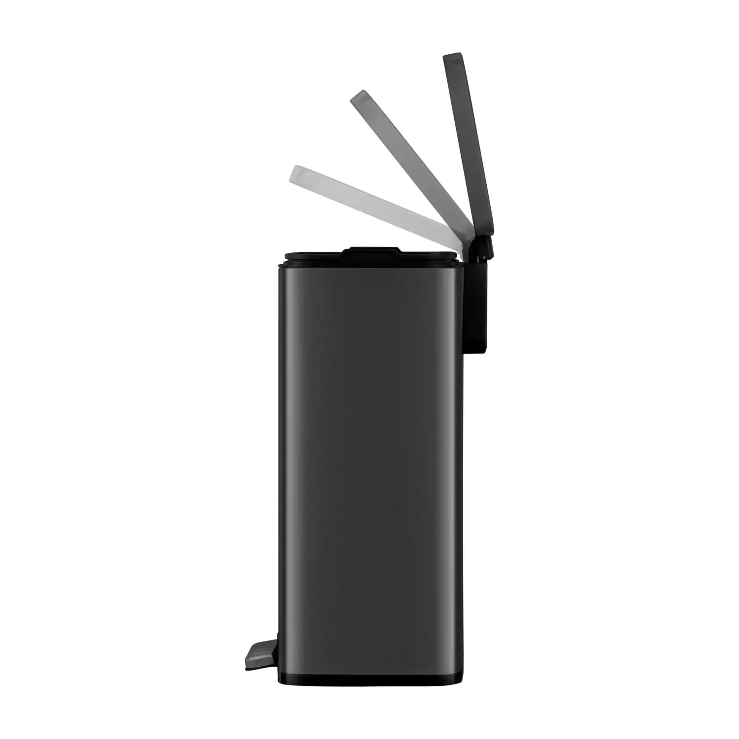 Black wastw bin side view sowing opening lid