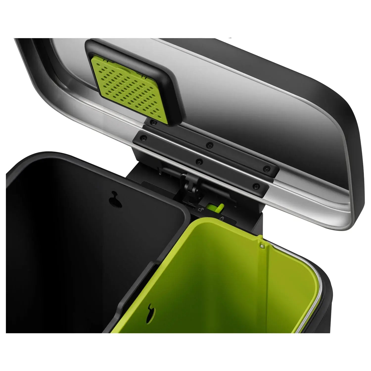 Green and black bin inserts with open lid on a white background