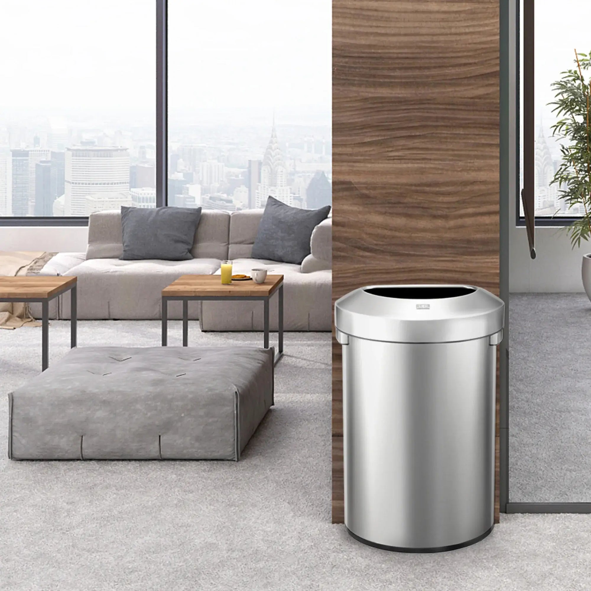 Stainless steel commercial bin in a modern setting