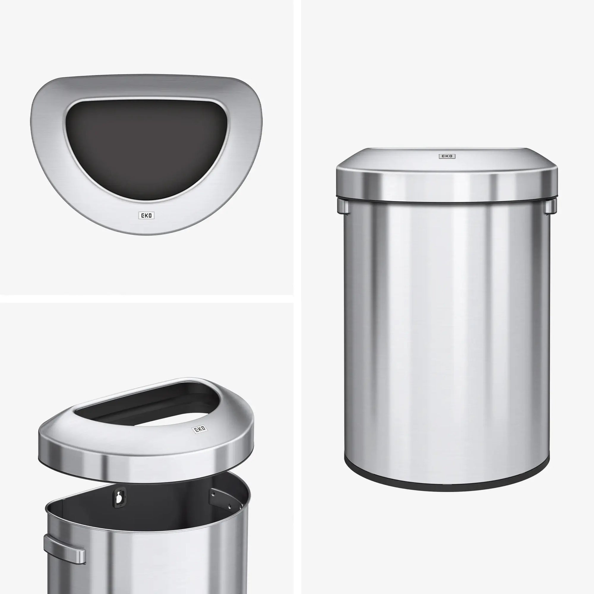 Stainless steel commercial bin with open lid on a white background