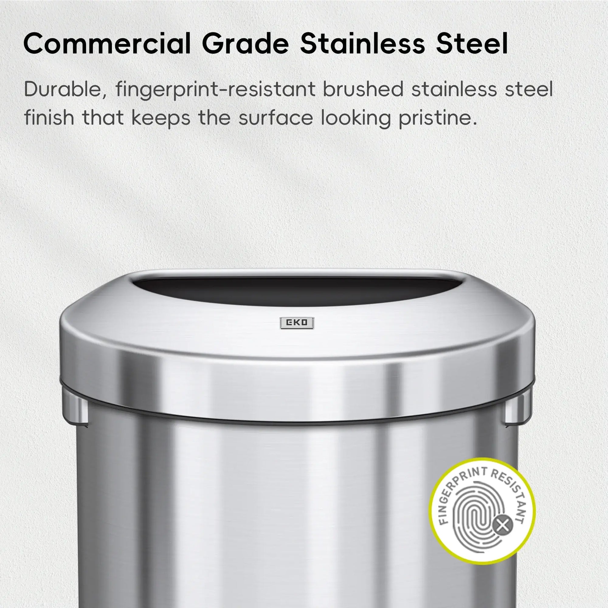 Stainless steel commercial bin with 'fingerprint-resistant feature on a white background