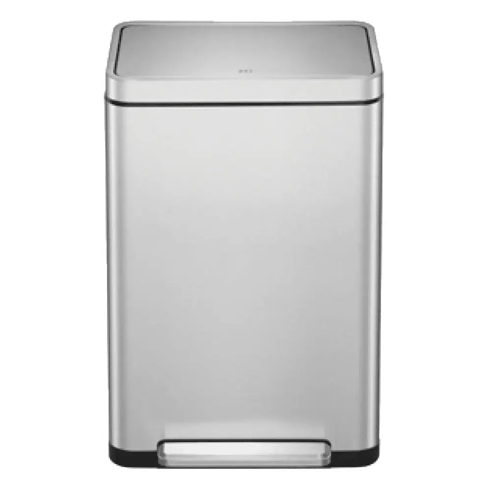 Stainless steel rectangular waste bin on a white background