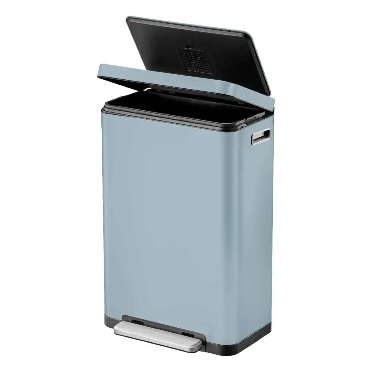 Blue waste bin with open lid on a white background
