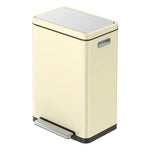 Cream waste bin with a stainless steel lid on a white background