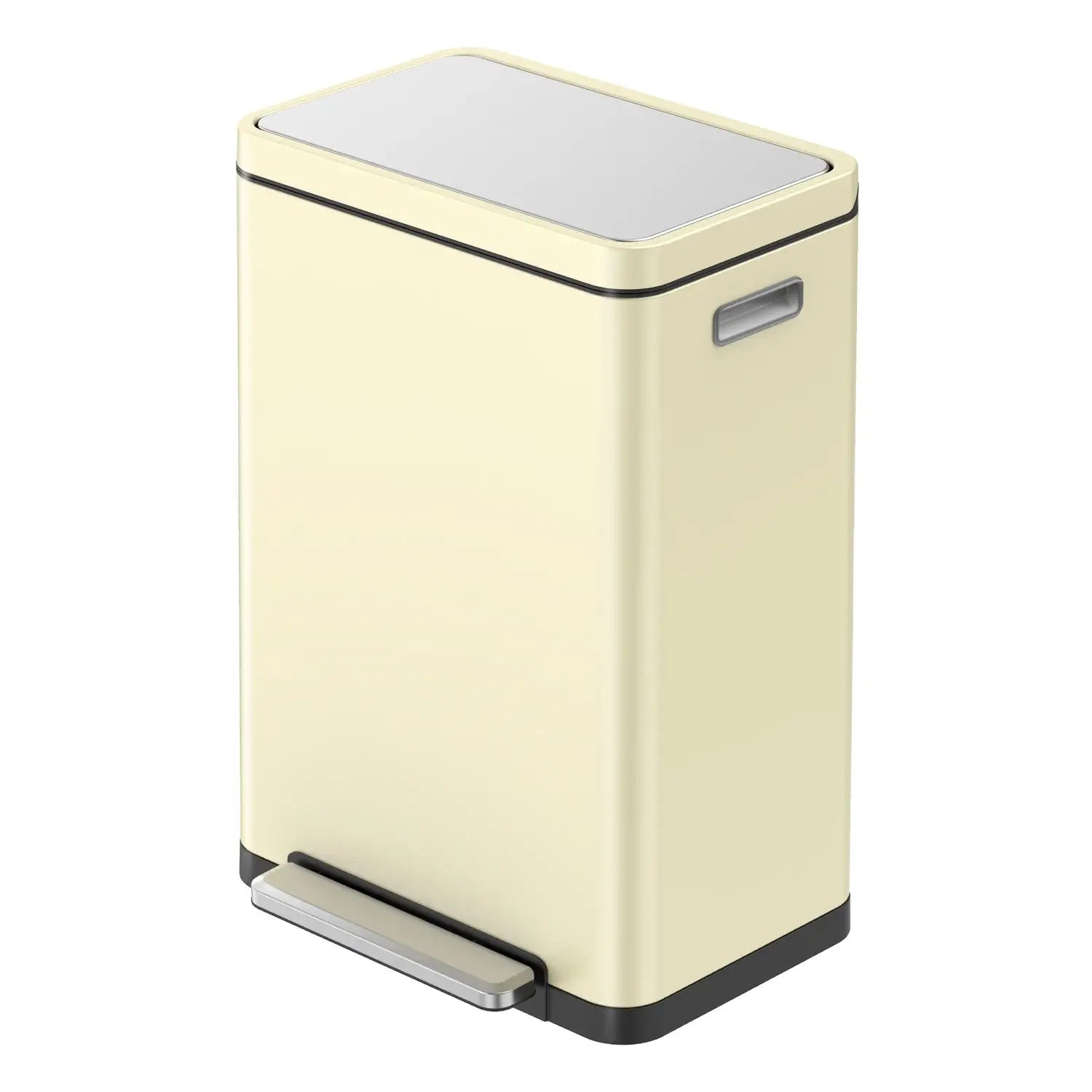 Cream waste bin with a stainless steel lid on a white background