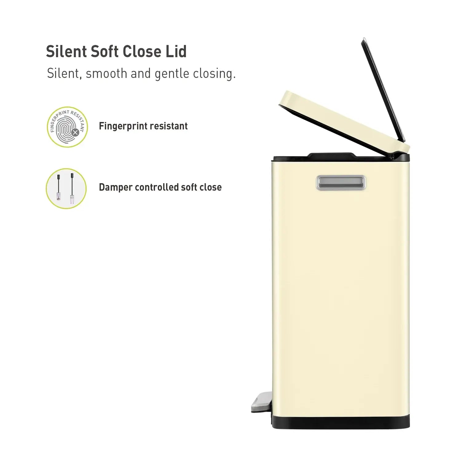 Cream waste bin with a stainless steel soft close lid on a white background