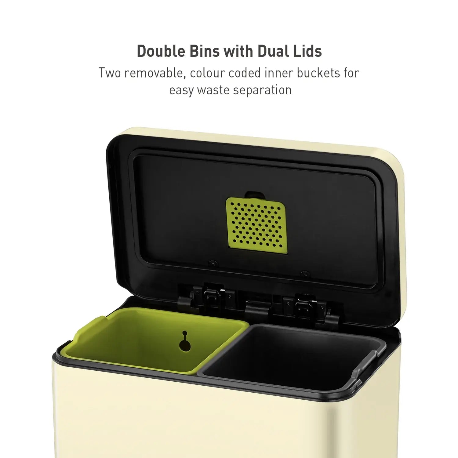Double bins with dual lids featuring two removable color-coded inner buckets on a white background.