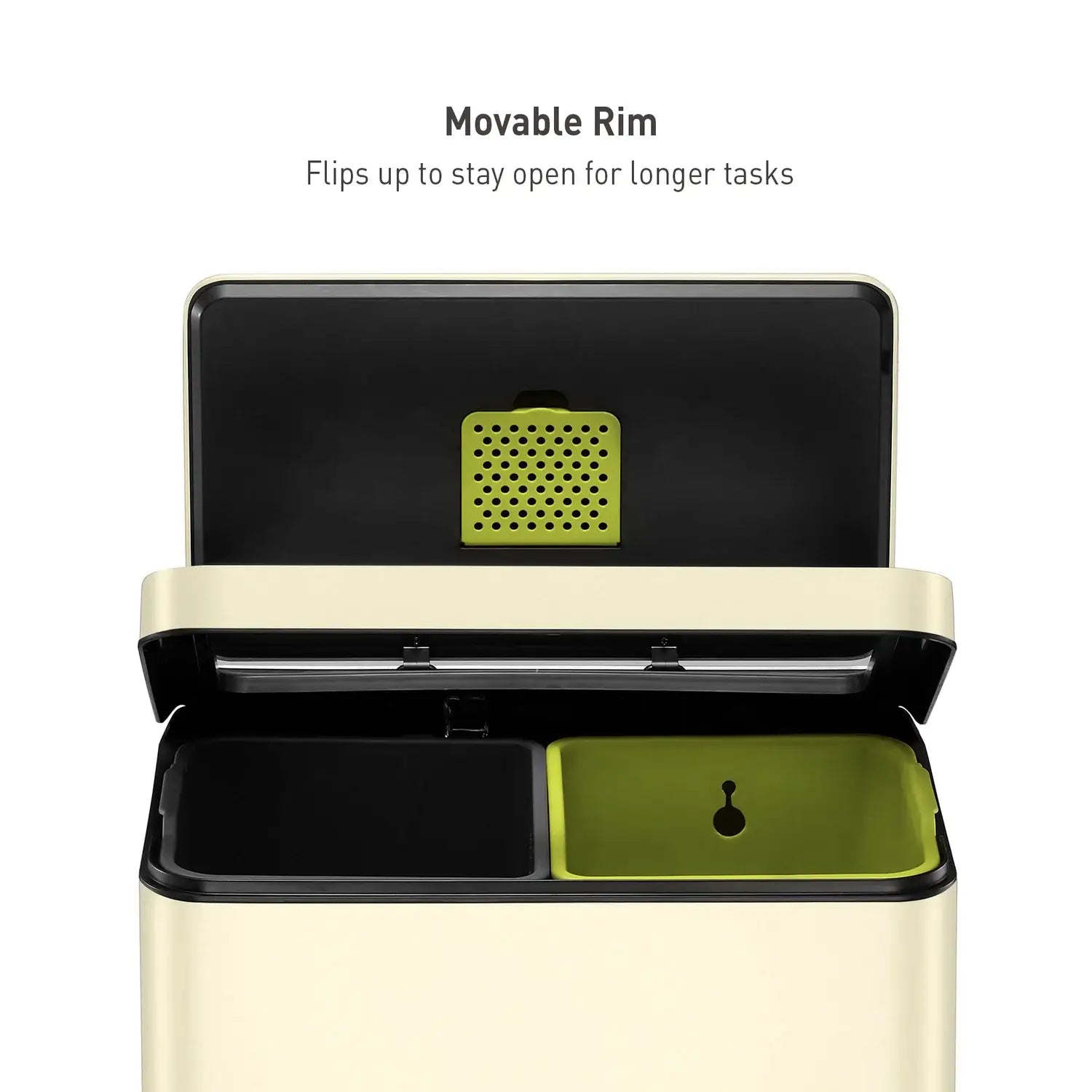 Green and black container with a movable rim feature on a white background