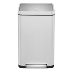 Stainless steel rectangular waste bin with a black base on a white background