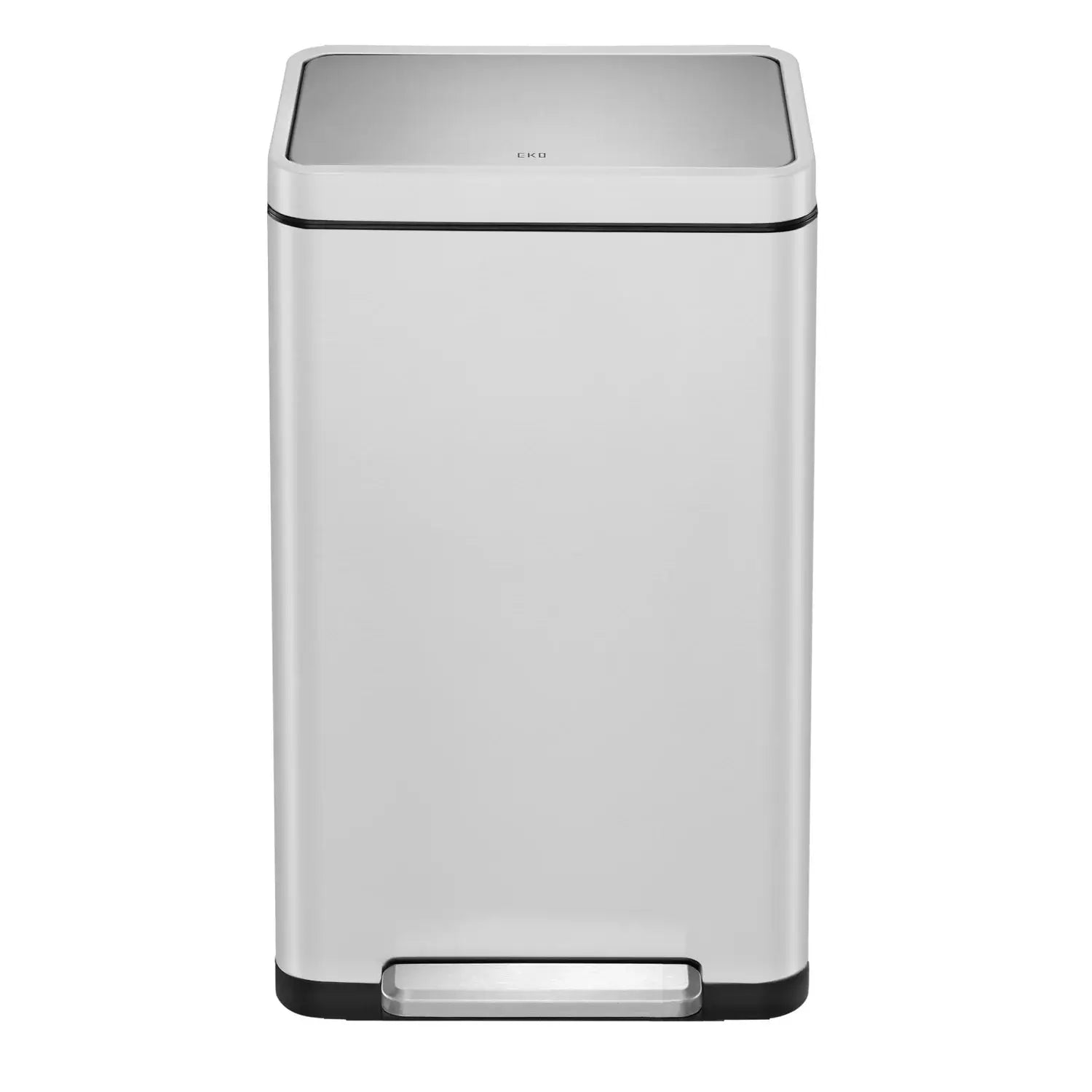 Stainless steel rectangular waste bin with a black base on a white background