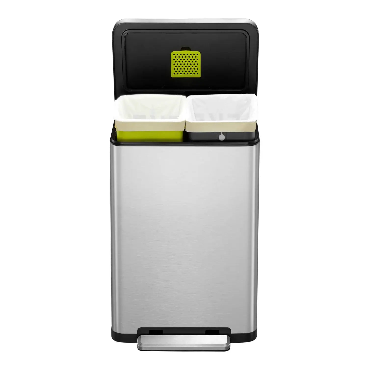 Stainless steel bin shown open on a white background