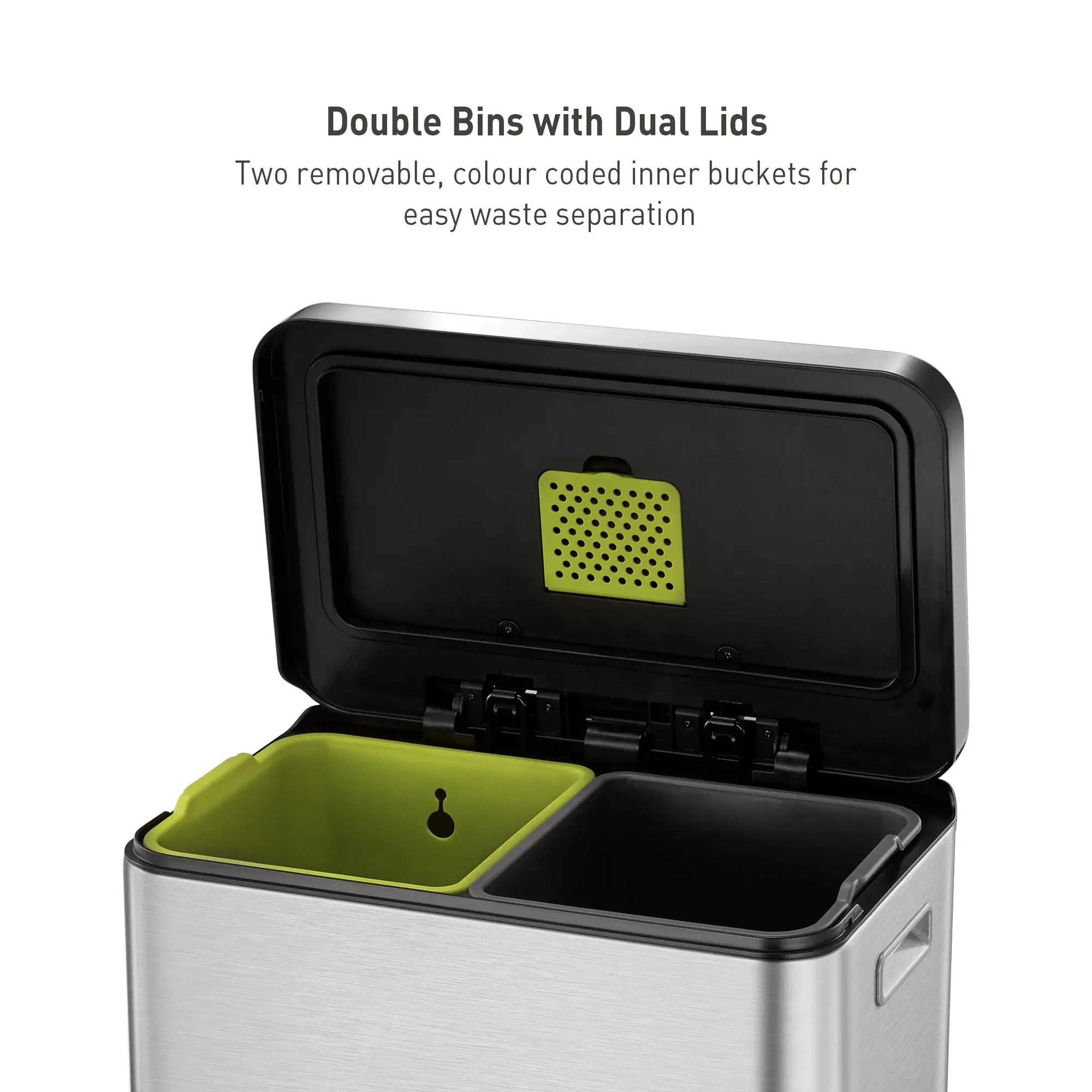 Double recycling bin with dual lids and color-coded inner buckets on a white background
