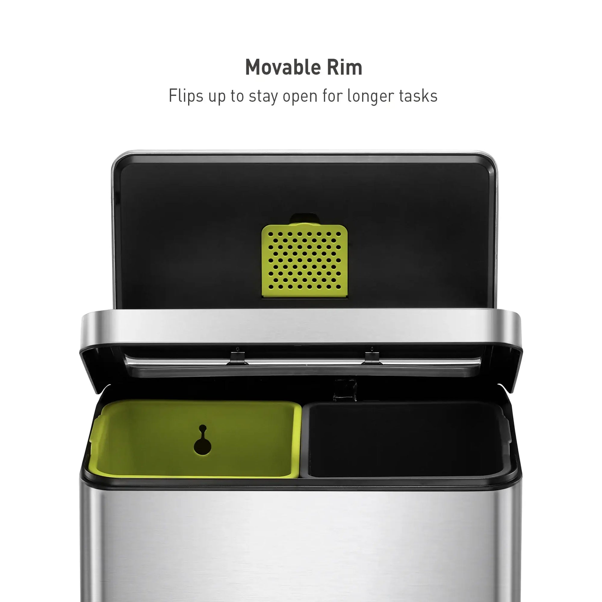 Smart waste bin with movable rim feature on a white background