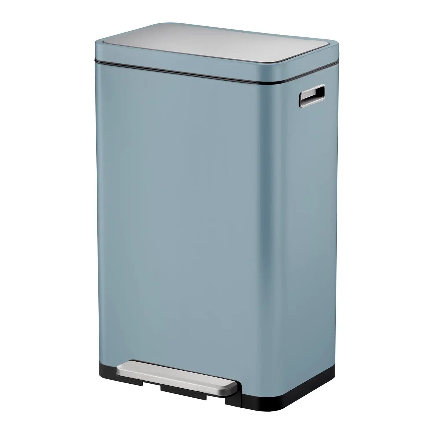 Blue rectangular waste bin with a silver foot pedal on a white background