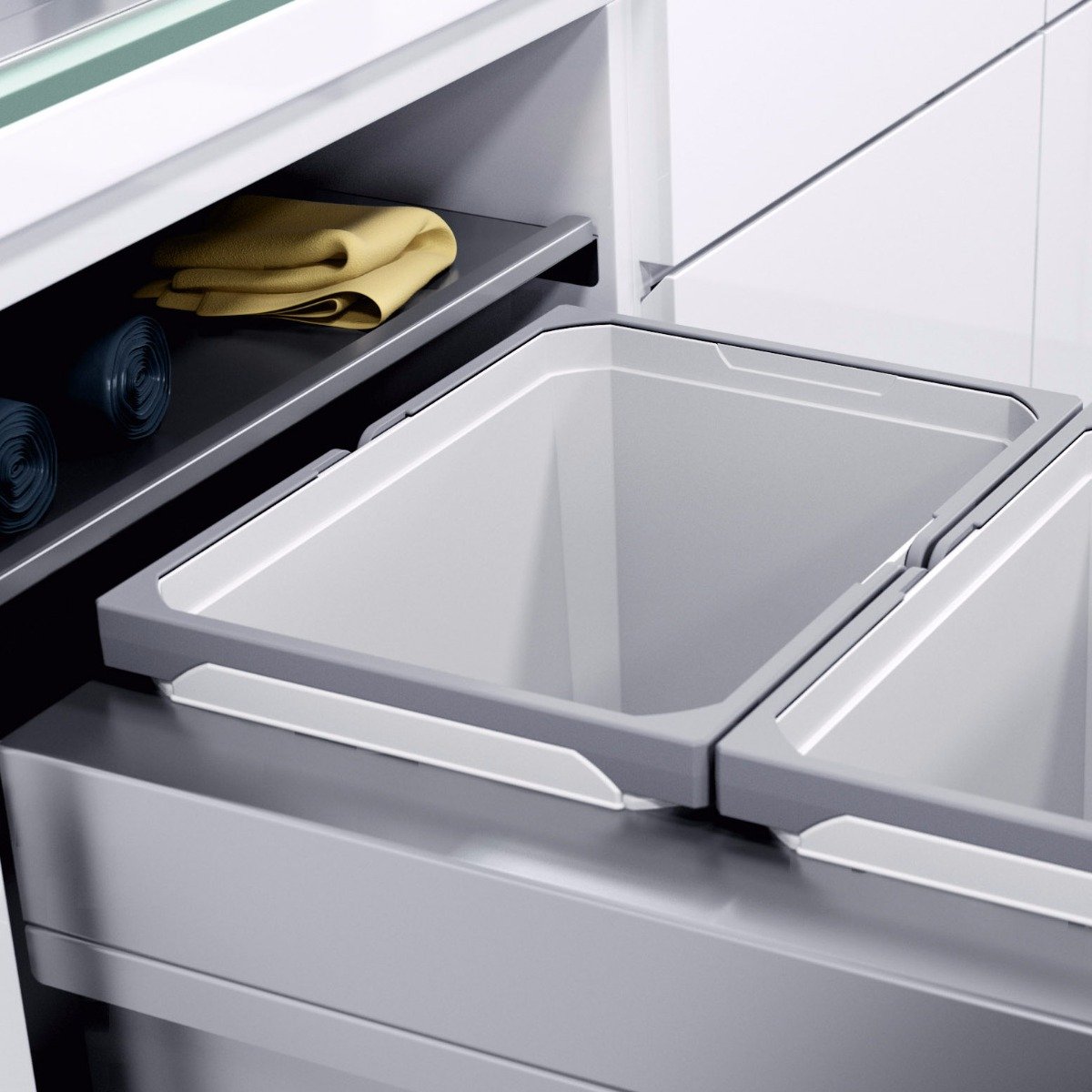 A well-designed integrated kitchen recycling bin from Vauth-Sagel with two compartments, providing 64 litres of waste and recycling space.