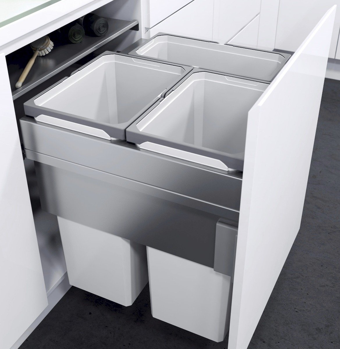 A silver grey Vauth-Sagel in-cupboard kitchen bin with three compartments for separating waste and recycling.