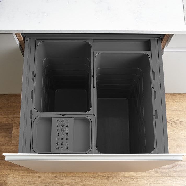 ECO 3-Compartment 82L Integrated  recycling bin with 42L, 32L, and 8L compartments, including a Bio-lid for food waste.
