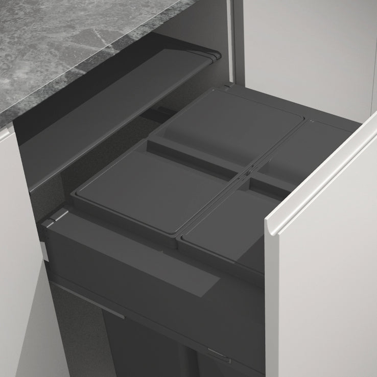 The Gollinucci 2 Compartment 80L Integrated kitchen Recycling bin , features two 40L bins with individual lids and an overall lid in dark Orion Grey plastic