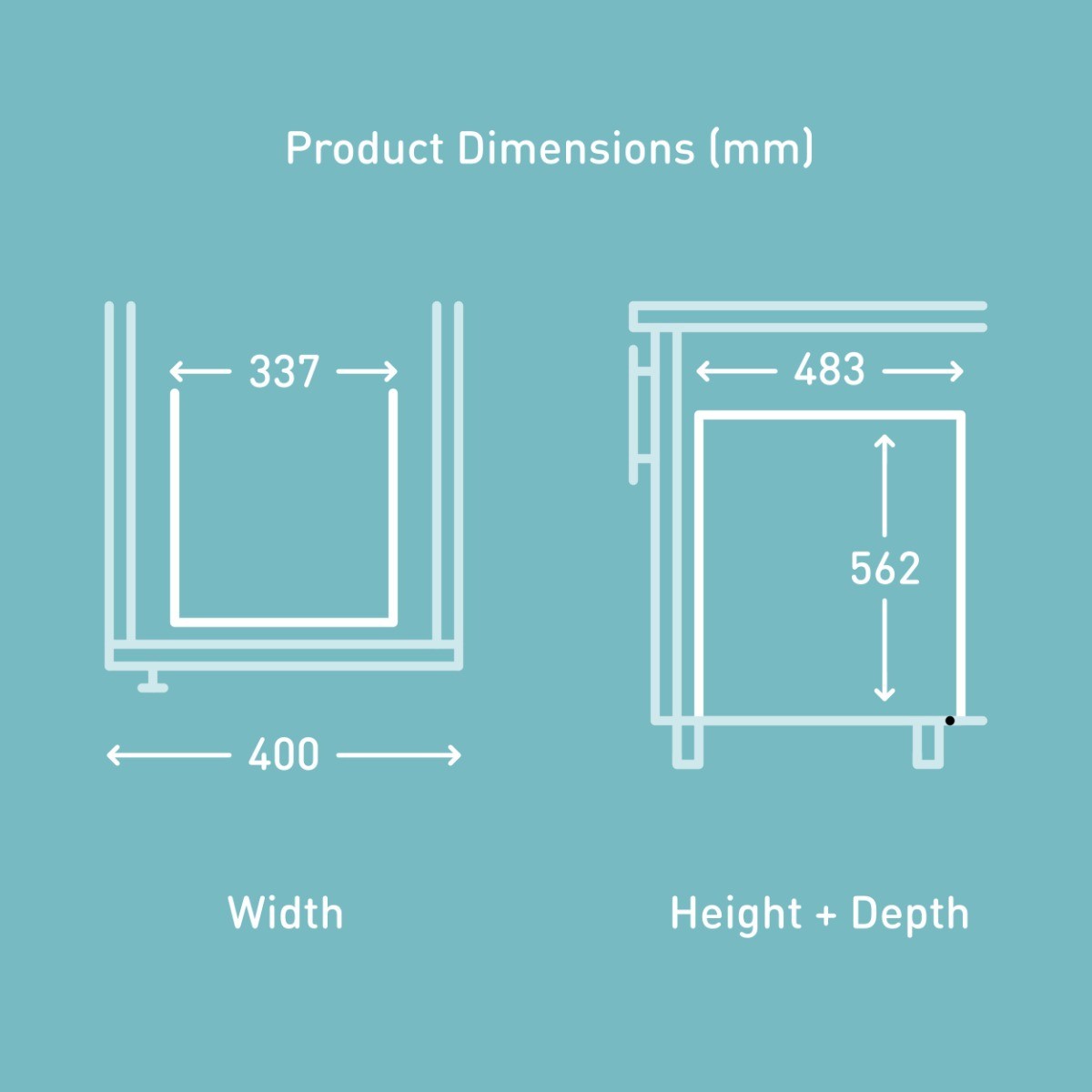 Fitting dimensions diagram for the Hafele 2-Compartment 64L Integrated Recycling Bin