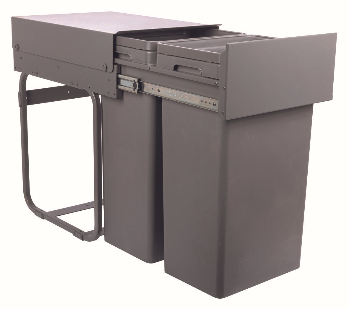 The Hafele 2-Compartment 64L Integrated Recycling Bin has a strong stteel frame, lid and front panel all in dark grey powder coasted steel.