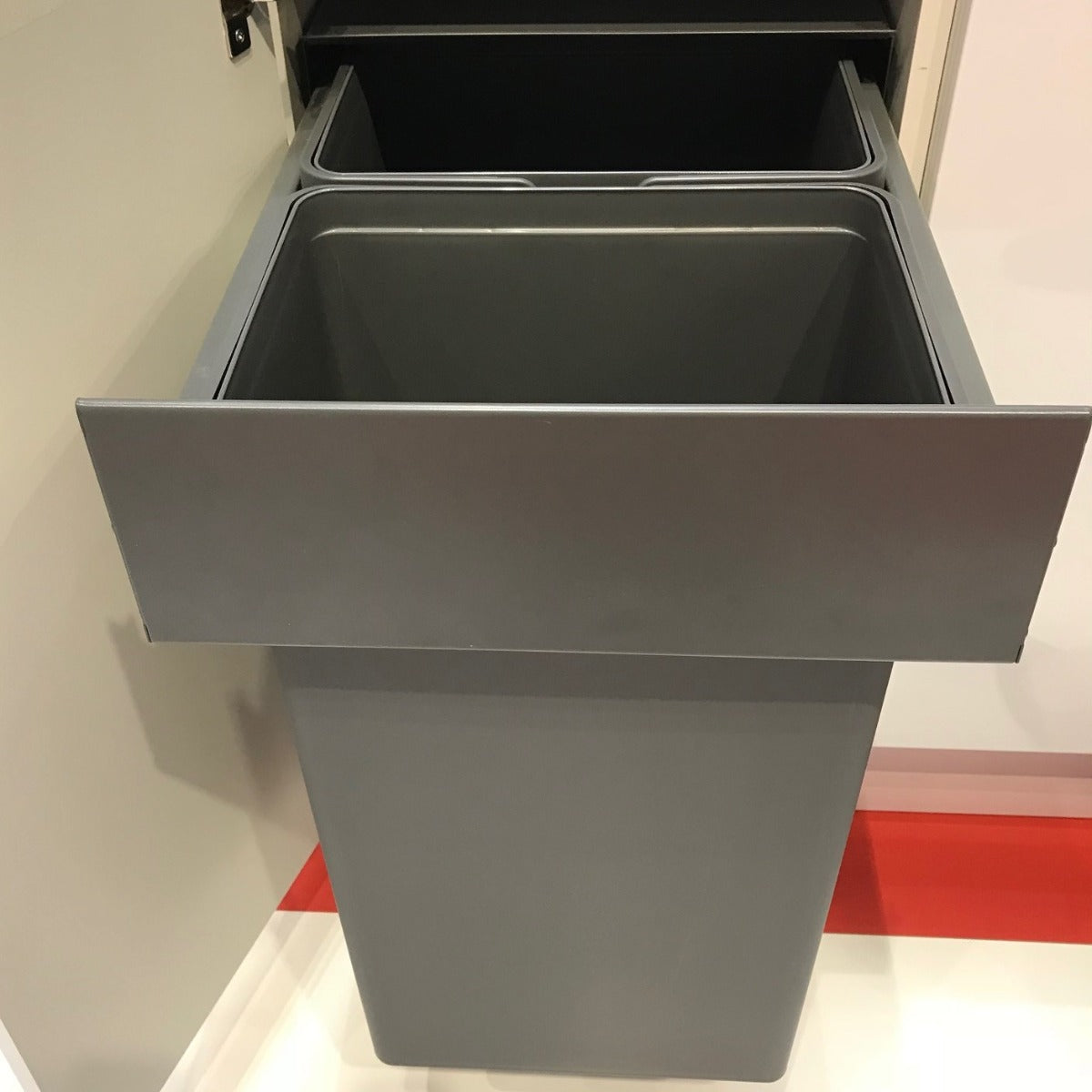 The Hafele 2-Compartment 64L Integrated Recycling Bin is great for cabinets 400mm wide with hinged doors
