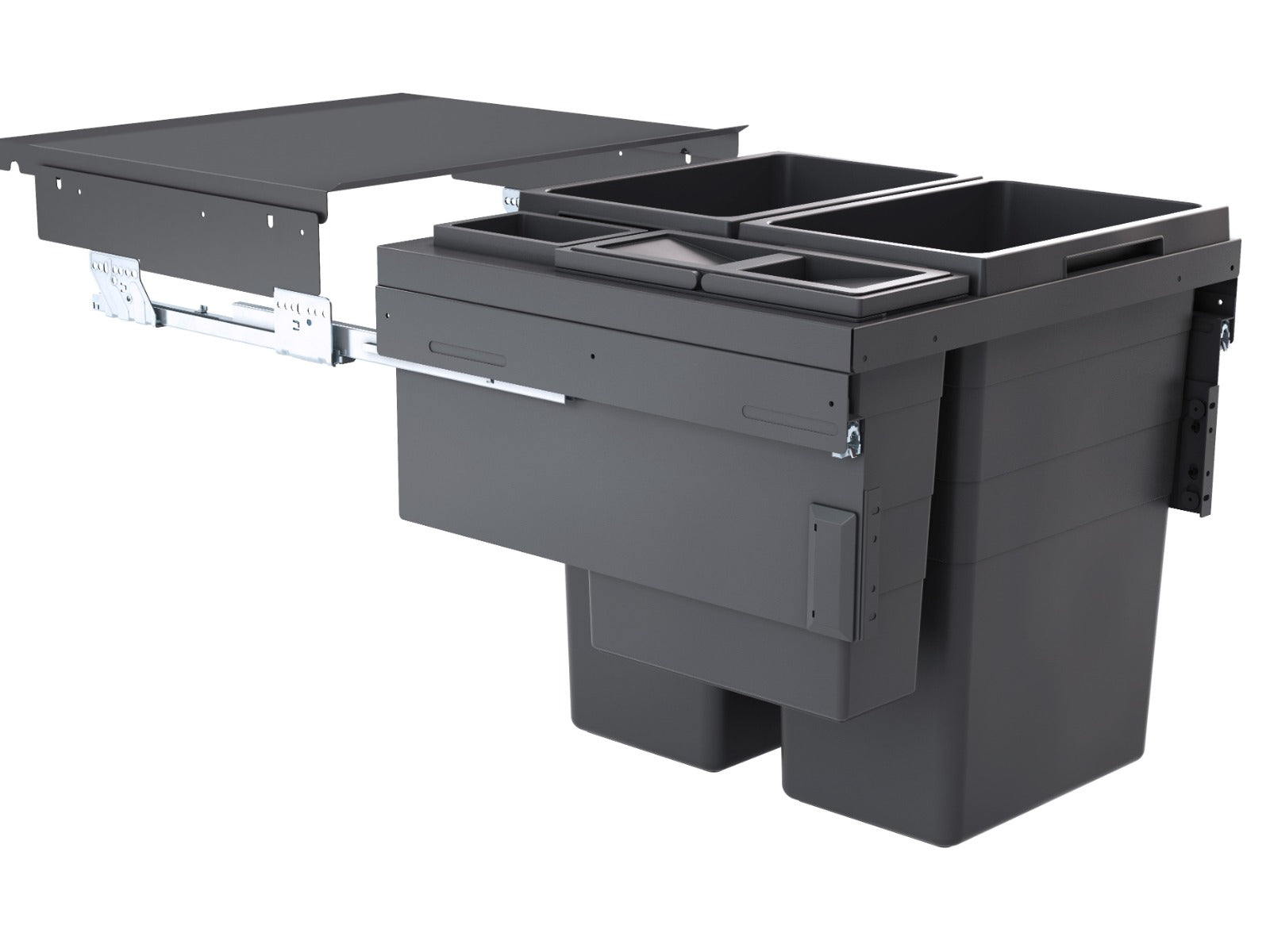 Hailo Euro Cargo 4 Compartment 90L integrated kitchen recycling bin for easy recycling and waste sorting in a dark grey finish