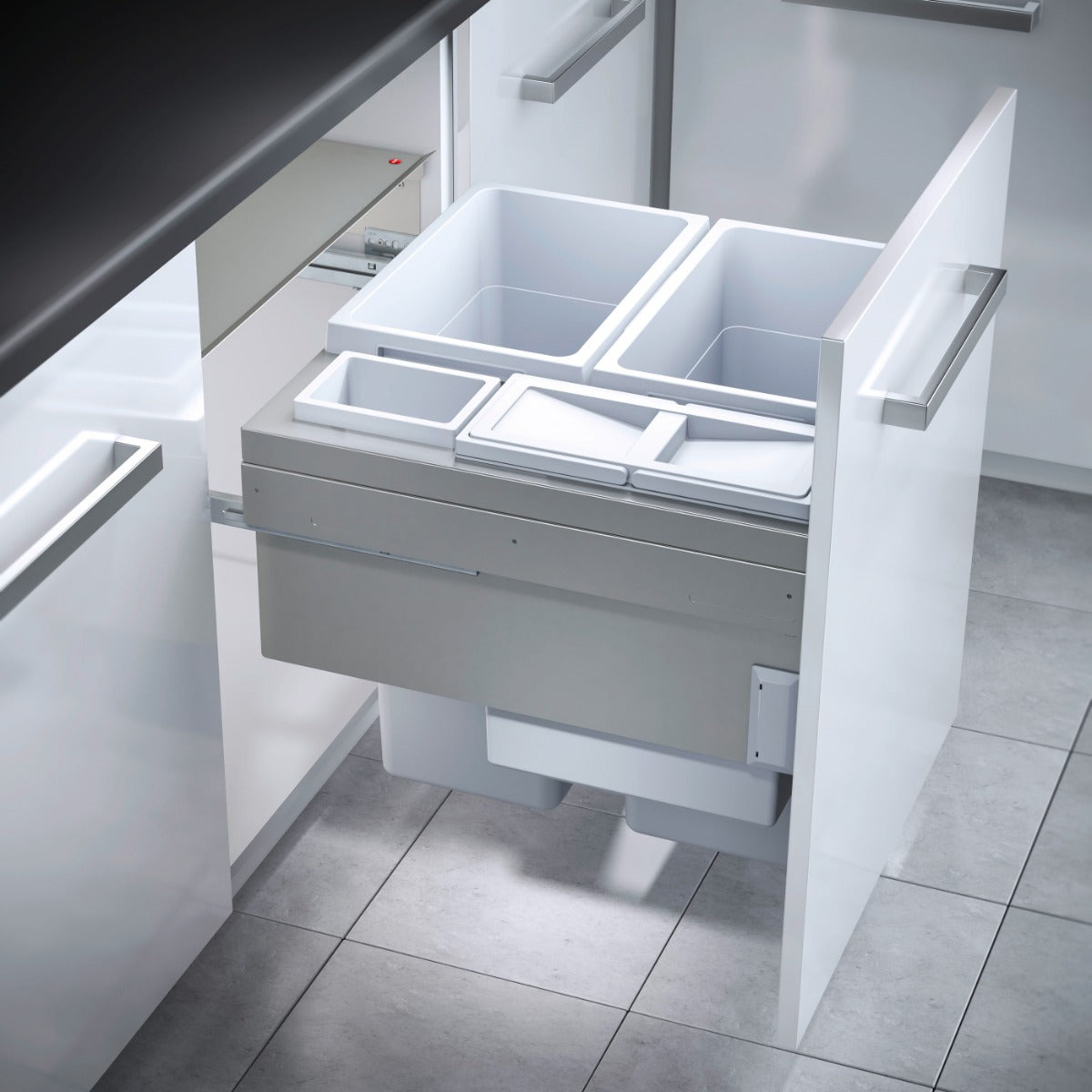 Hailo Euro Cargo 4 Compartment 90L integrated kitchen recycling bin for easy recycling and waste disposal in a 600mm cabinet with pull-out doors.