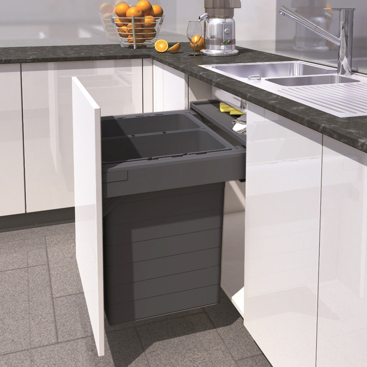 Ninka One2Five Two Compartment 84L integrated kitchen recycling bin, designed for easy waste & recycling separation in 600mm wide cabinets.