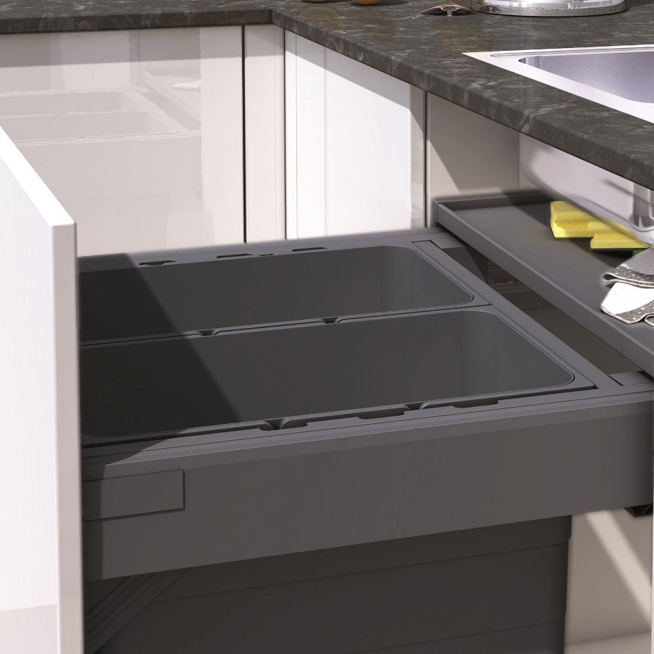 Ninka One2Five Two Compartment 84L Recycler integrated kitchen bin, designed for easy waste & recycling separation in 600mm wide cabinets.
